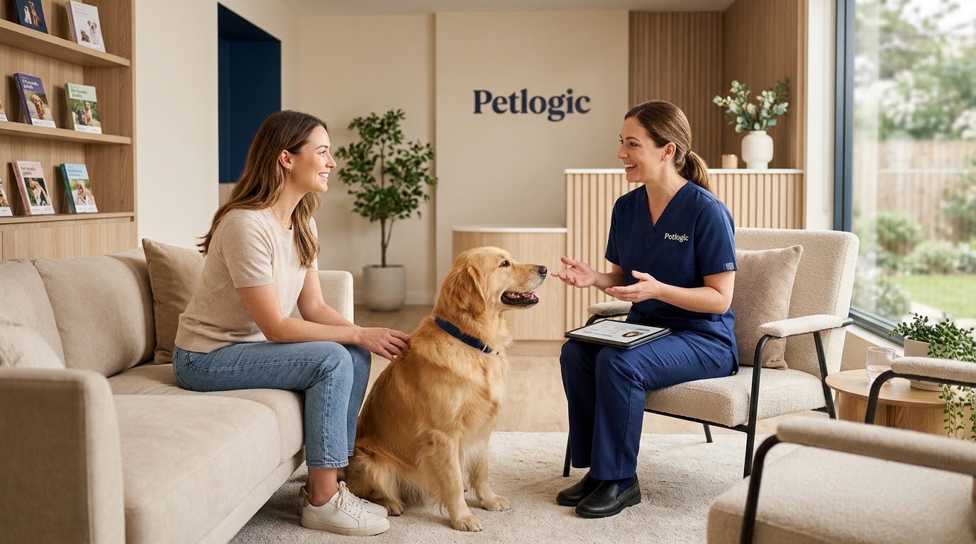 Tutor recibiendo orientación preventiva junto a su mascota en Petlogic