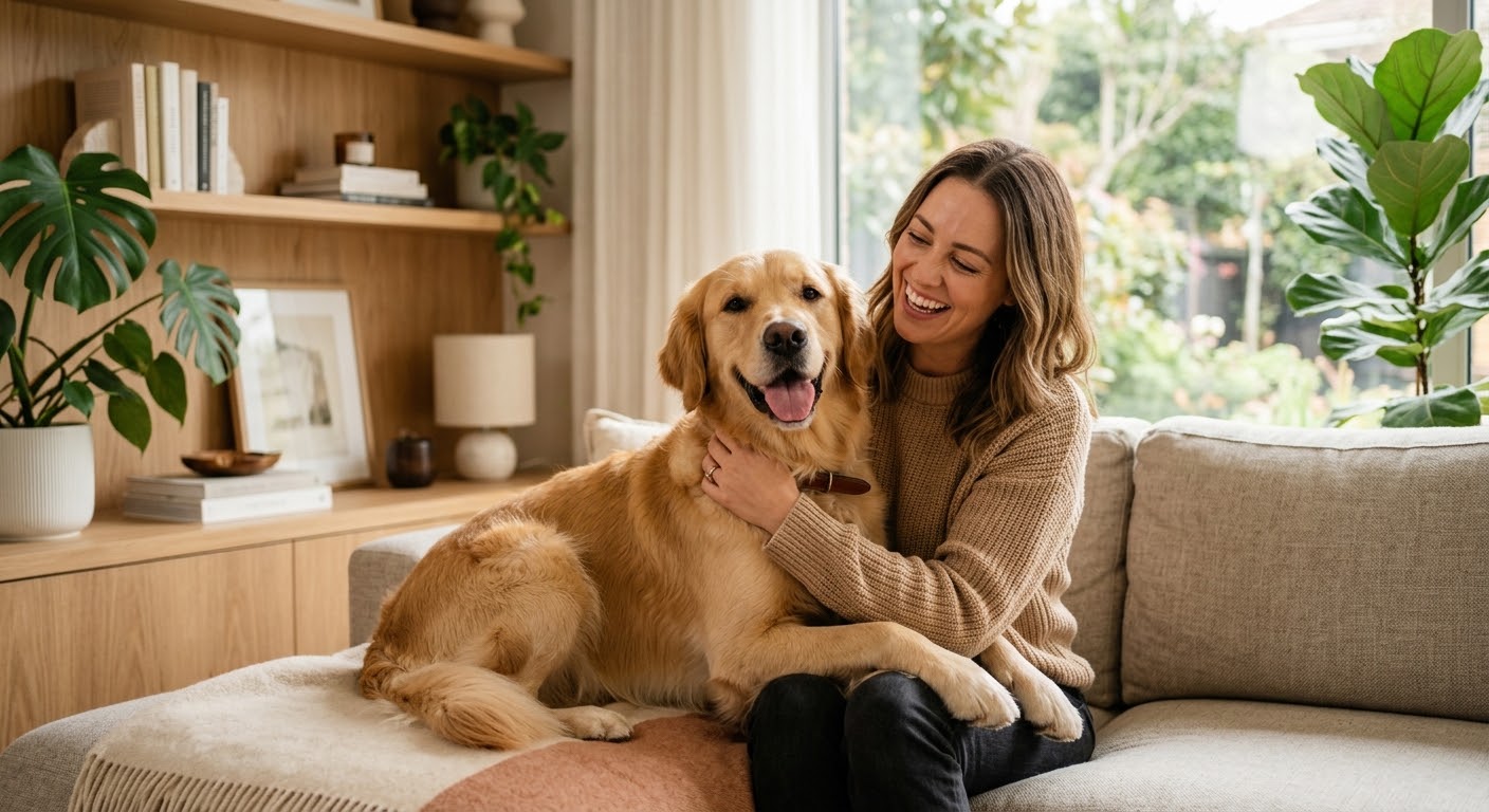 Tutora compartiendo un momento de cariño con su perro