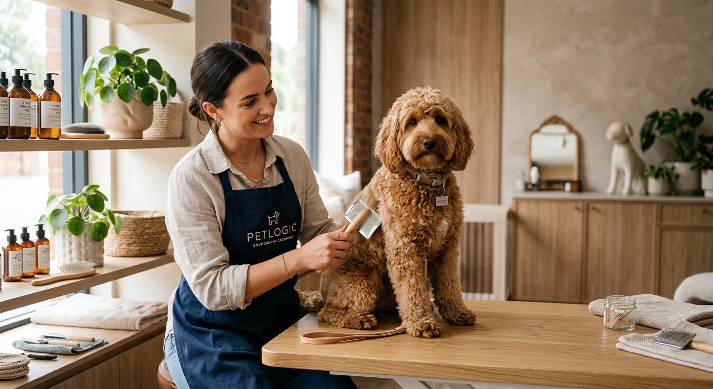 Profesional Petlogic cepillando con suavidad a un perro durante su grooming
