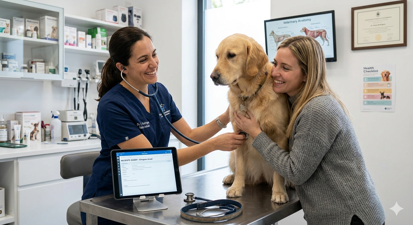 Profesional veterinaria cuidando a una mascota en un entorno clínico moderno
