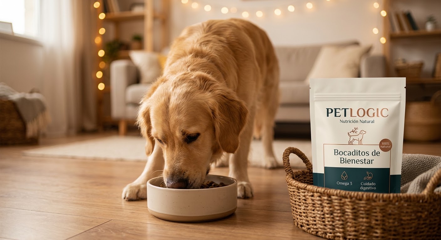 Perro disfrutando su alimento junto a una propuesta de nutrición y bienestar Petlogic