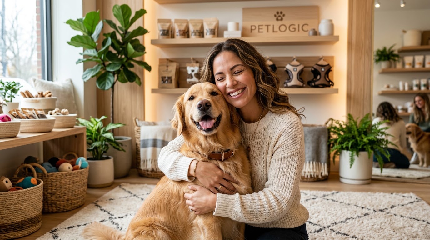 Tutora abrazando a su perro en un espacio Petlogic cálido y acogedor